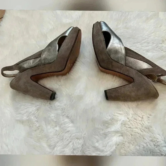 Marni Tan Silver Suede Wedge Platform Peep Toe Heels - Picture 4 of 6